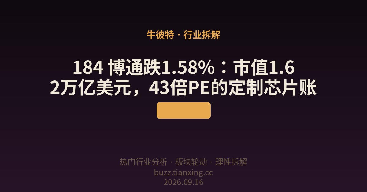 184 博通跌1.58%：市值1.62万亿美元，43倍PE的定制芯片账