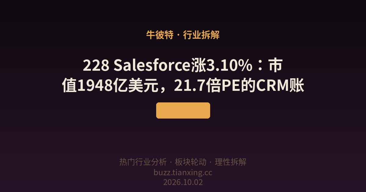 228 Salesforce涨3.10%：市值1948亿美元，21.7倍PE的CRM账